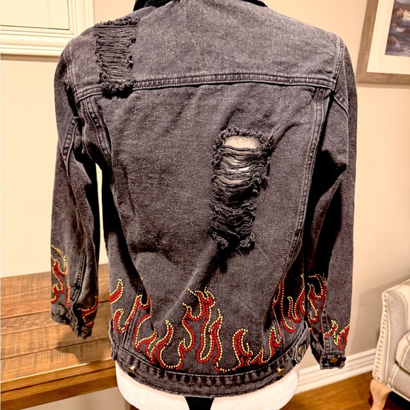 Honey Punch Black Denim Jacket with Flame Embellishments - Picture 5 of 5